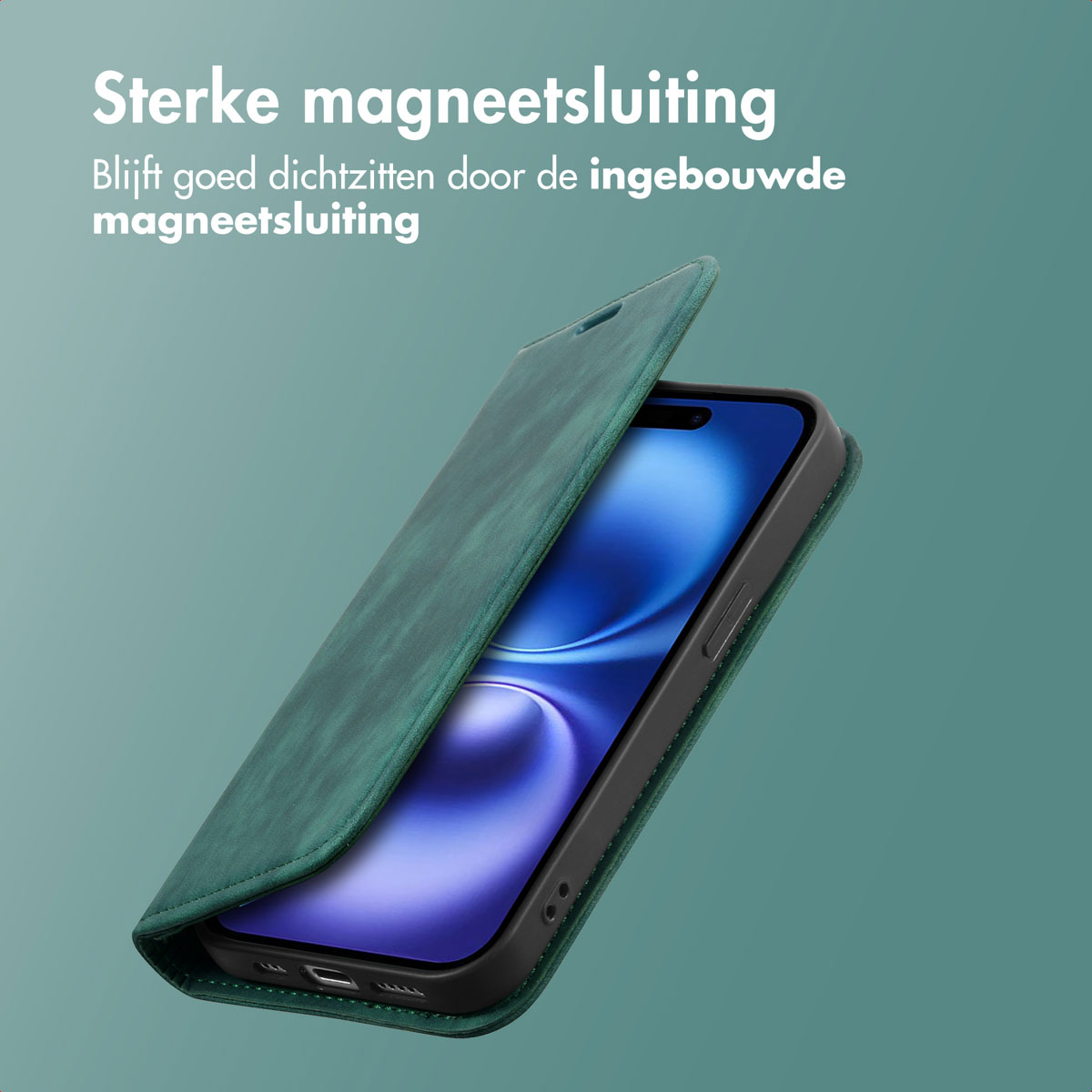 A green phone case is open to reveal a black phone. Text says 'Strong magnetic closure'.