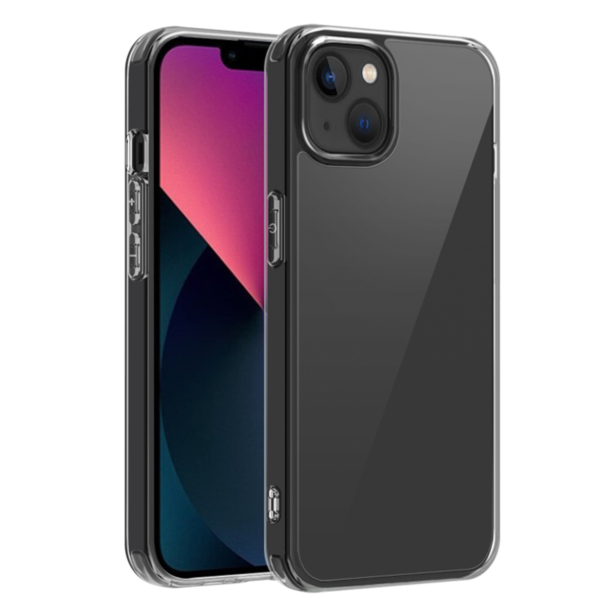 Deux téléphones dans des étuis transparents. Les étuis sont transparents et noirs. Le texte n'est pas visible.