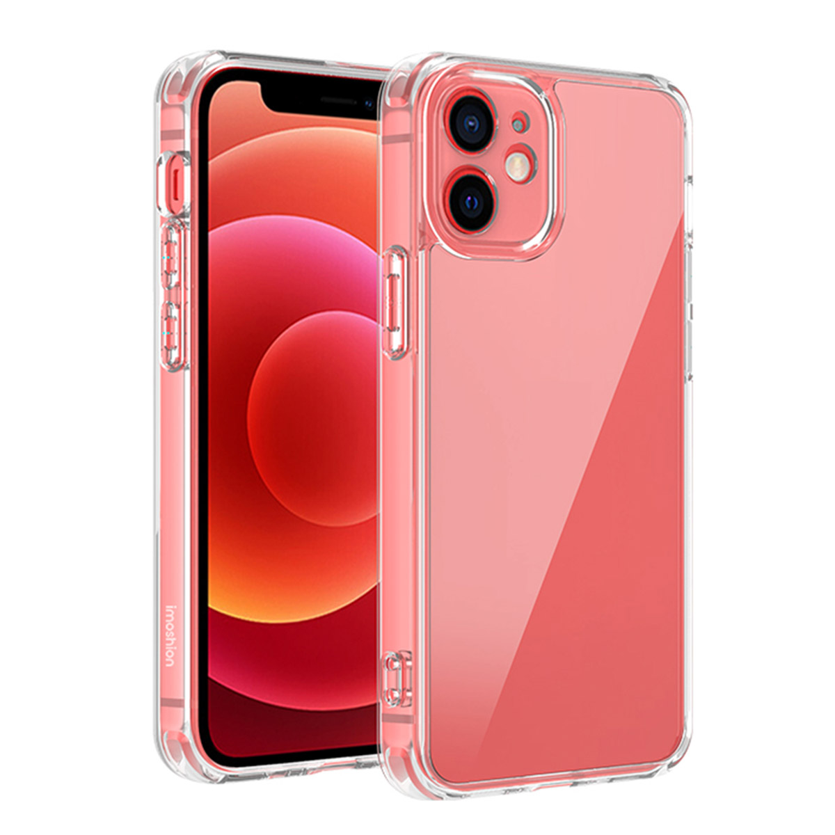 Deux coques de téléphone transparentes sont côte à côte. Une coque a un téléphone rose à l'intérieur. Fond bleu clair.