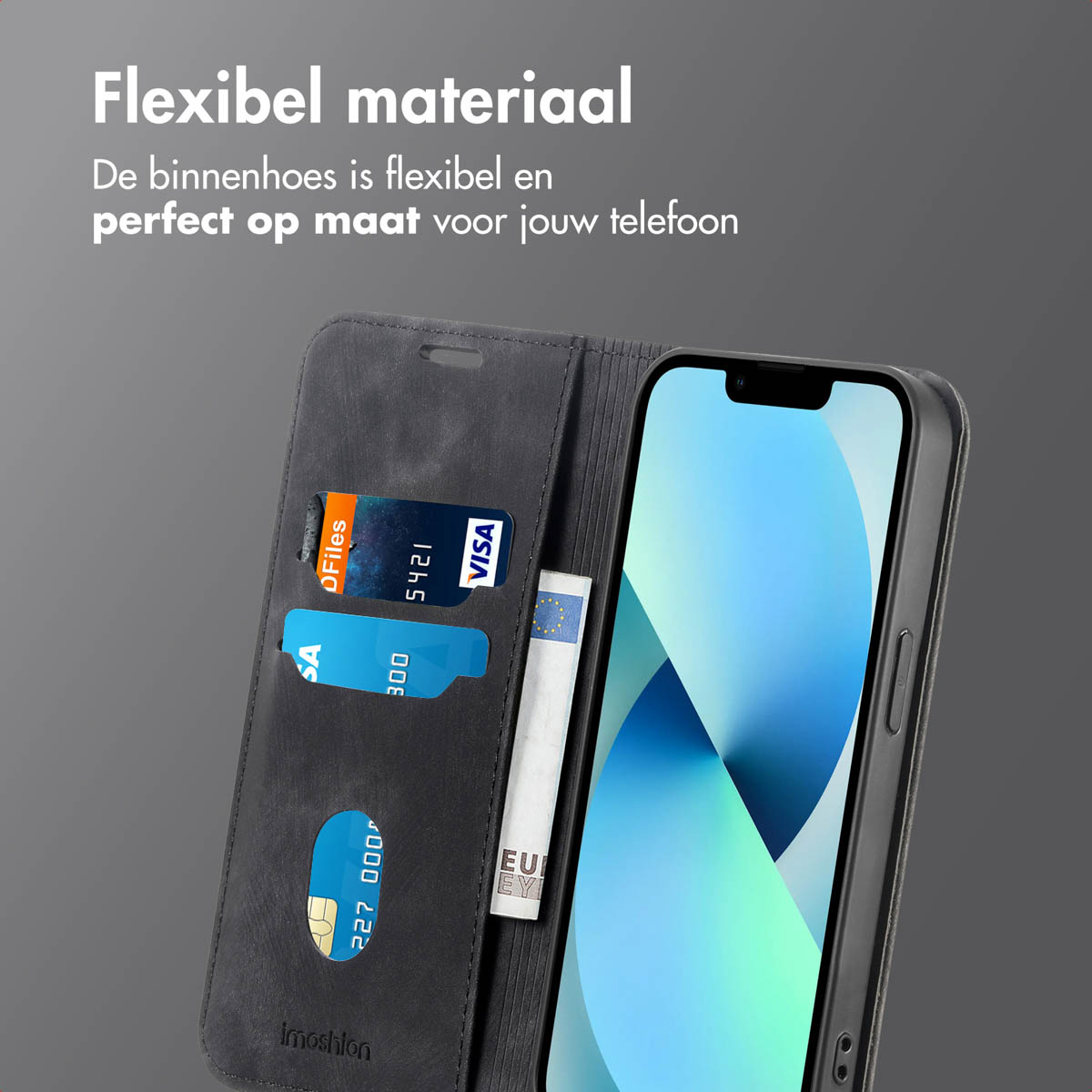 Ein Telefon in einer teal Hülle, abgewinkelt zum Stehen. Das Telefon zeigt ein blaues Bild. Teal Hintergrund.