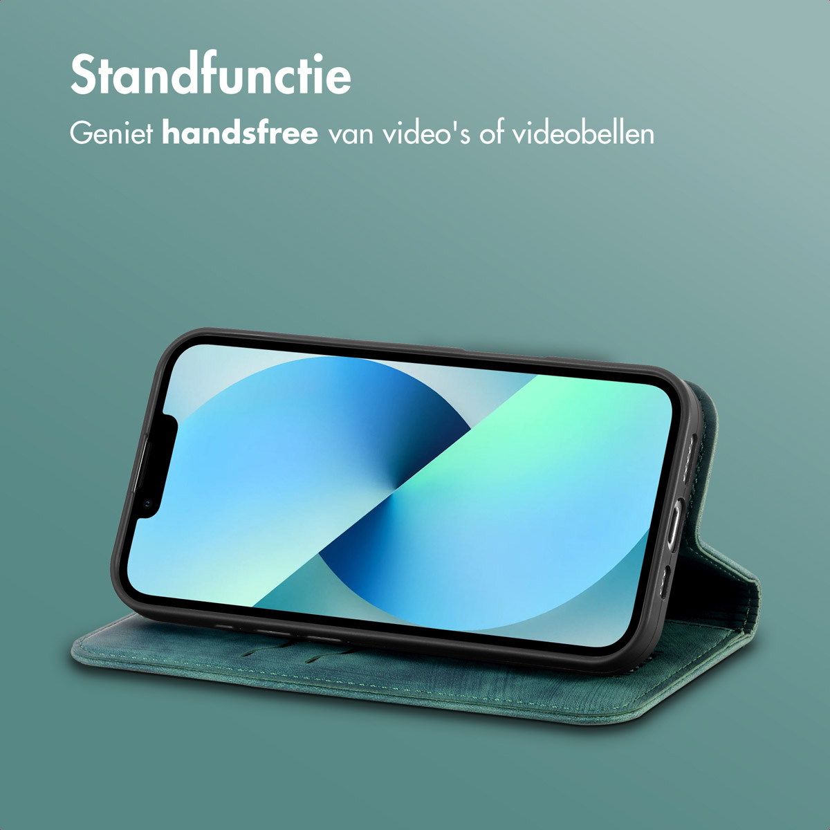 Ein Telefon in einer teal Hülle, abgewinkelt zum Stehen. Das Telefon zeigt ein blaues Bild. Teal Hintergrund.