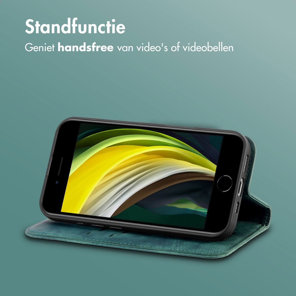 Eine teal Handyhülle mit einem Telefon darin, abgewinkelt zum Stehen. Das Telefon zeigt ein farbenfrohes Bild. Teal Hintergrund.