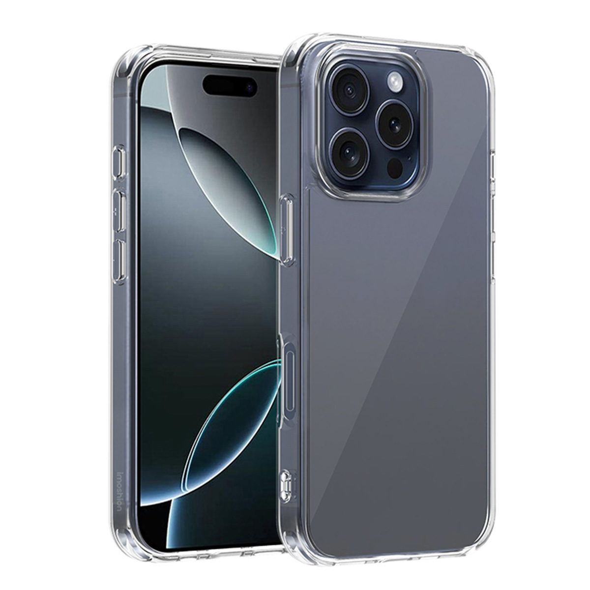 Un téléphone gris à l'intérieur d'une coque transparente. La coque a un dos transparent.
