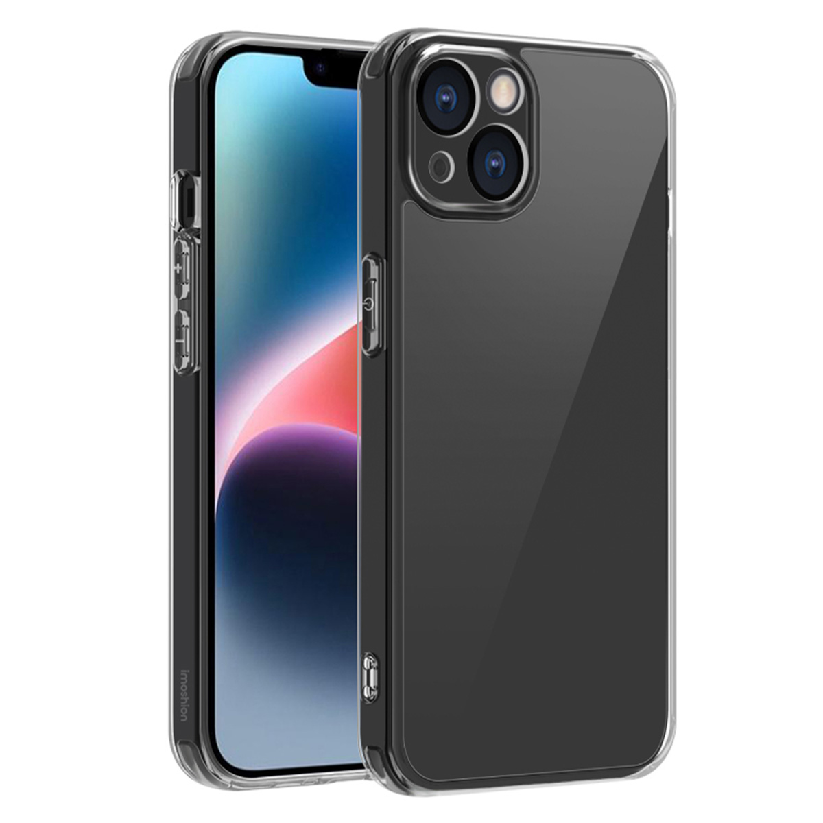 Deux coques de téléphone transparentes se chevauchent, chacune contenant un téléphone. Les téléphones ont des écrans de couleurs différentes.