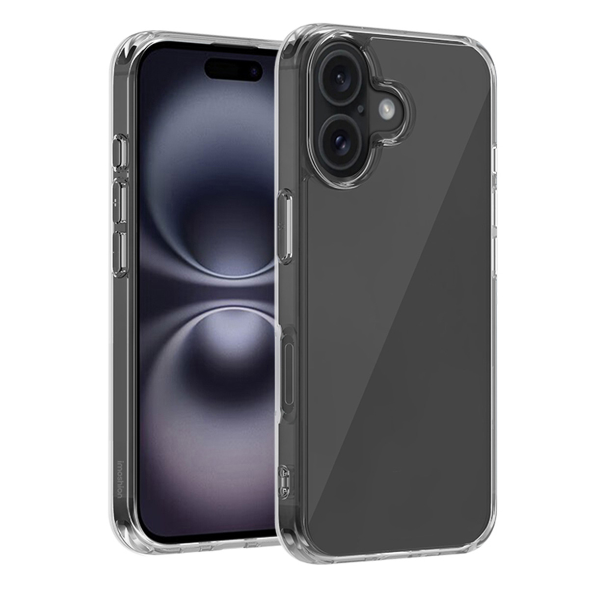 Un téléphone gris à l'intérieur d'une coque transparente. La coque a un dos transparent.