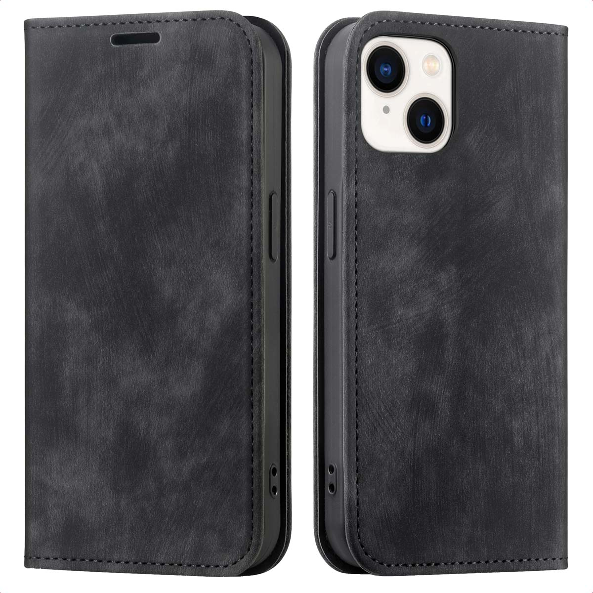 Twee zwarte leren telefoonhoesjes. De linker is open, de rechter is gesloten.