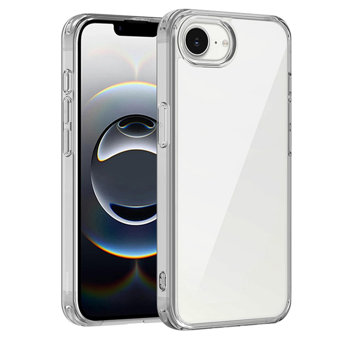 Un téléphone dans un étui transparent, avec un dos transparent, posé sur une surface blanche.