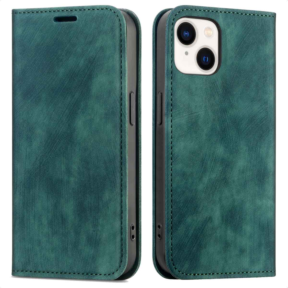 Twee groene leren telefoonhoesjes. De linker is open, de rechter is gesloten.
