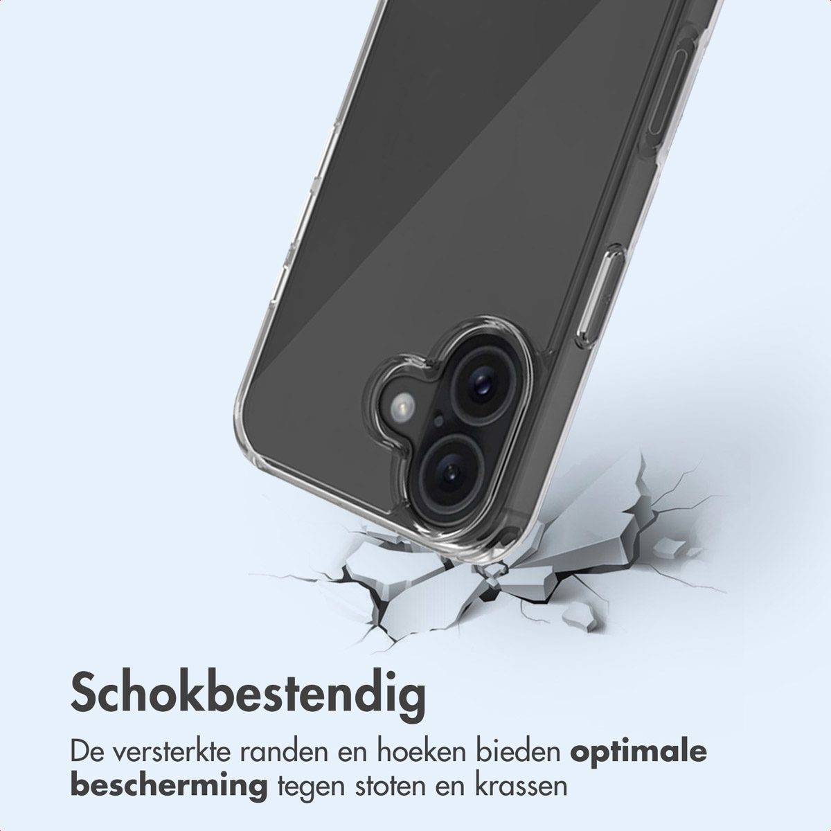 Een telefoonhoesje ligt op een wit, gebarsten oppervlak en toont de camera van de telefoon en een doorzichtig hoesje.