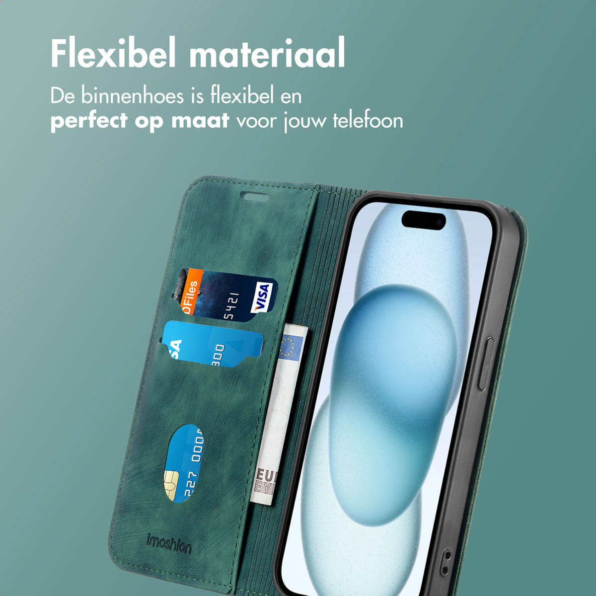 Groene telefoonhoes met kaarten en geld, telefoon rechts.
