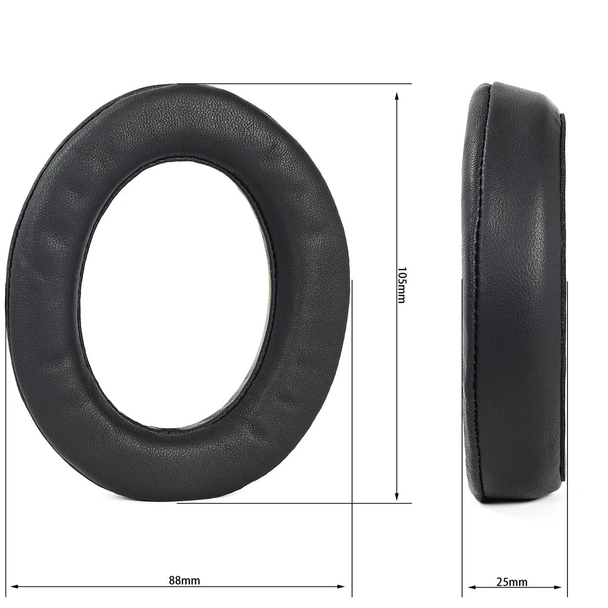 Due cuscinetti auricolari neri, rotondi, in similpelle per cuffie sono mostrati con marcature di dimensione su uno sfondo bianco.