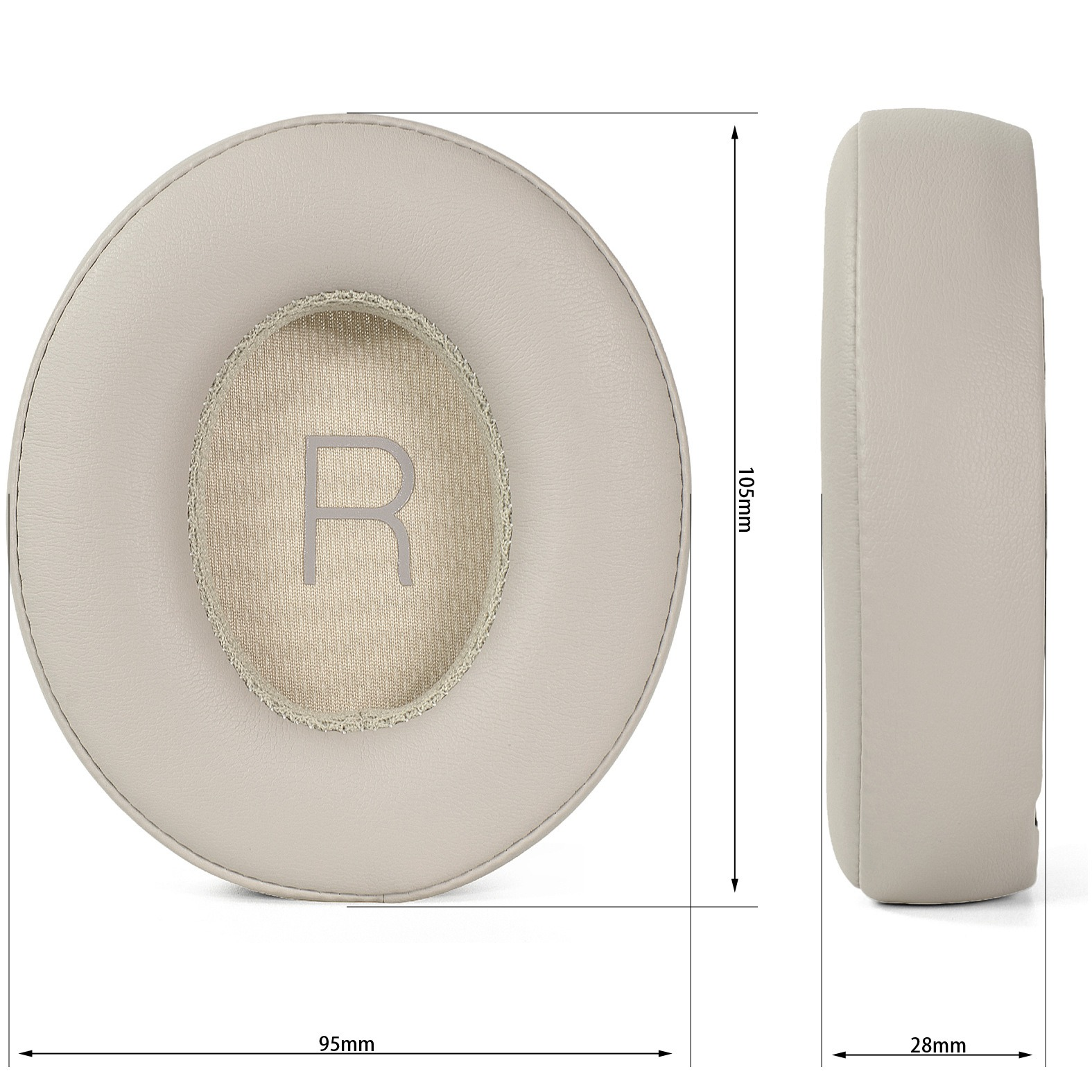 Zwei beigefarbene Kopfhörer-Ohrpolster mit Abmessungen. Eines zeigt den Buchstaben 'R'. Maße: 95 mm x 105 mm x 28 mm.