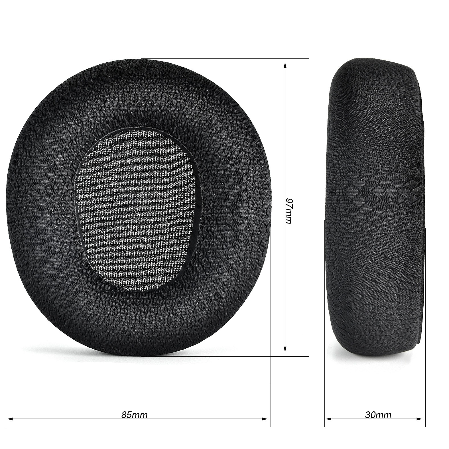 Un cuscinetto auricolare per cuffie, con dimensioni: 85 mm di larghezza, 97 mm di altezza e 30 mm di spessore.