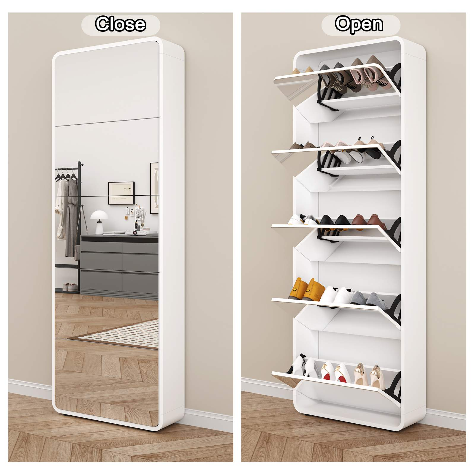 Ein weißer Schuhschrank, geschlossen und offen. Der offene Schrank zeigt Schuhe auf Regalen, mit einem Spiegel an der Tür.
