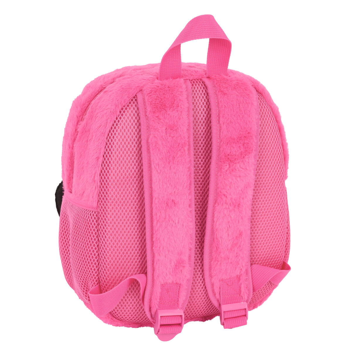 Różowy, puszysty plecak z siatkową kieszenią boczną i różowymi paskami. Tył ma siatkę i różowe paski.