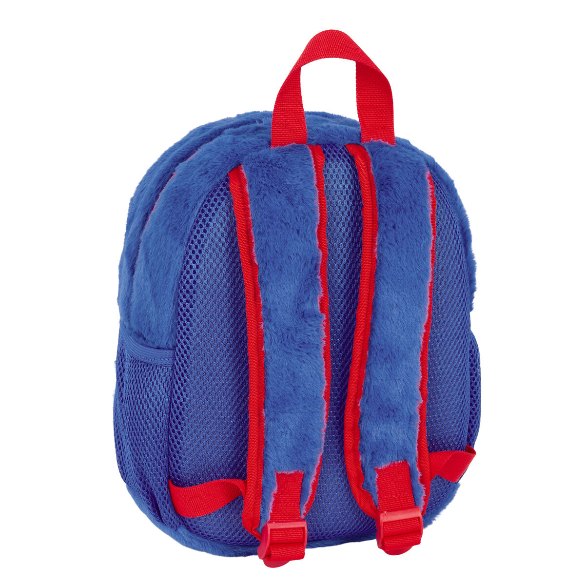 Blauer, flauschiger Rucksack mit roten Trägern, zwei Schultergurten und einem Griff. Rote Clips unten.