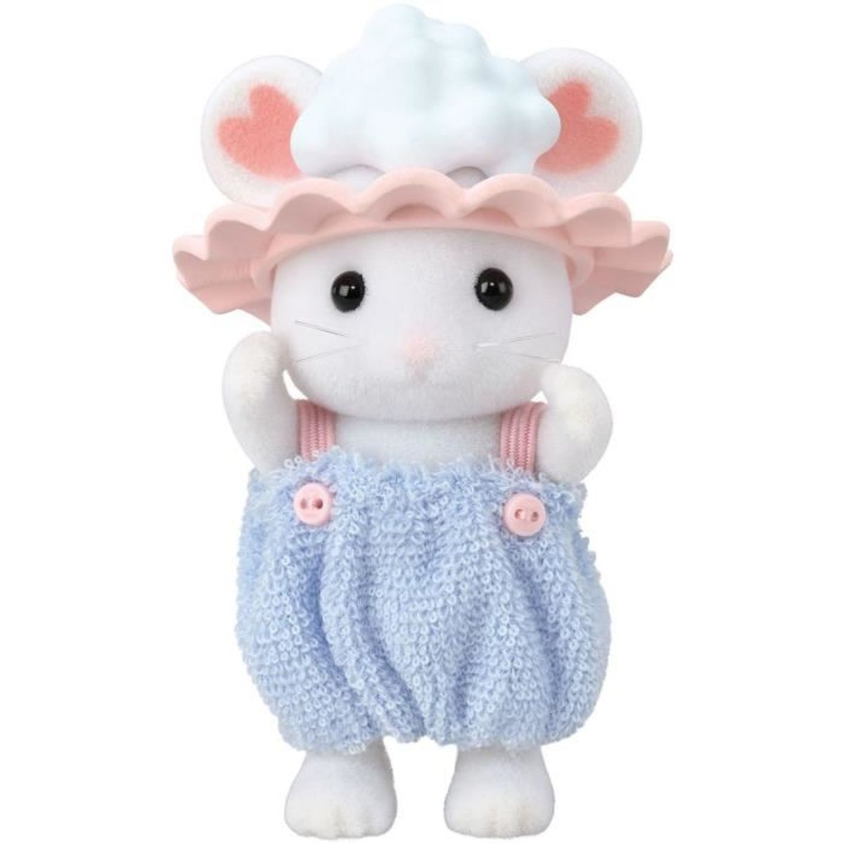 Un juguete de ratón blanco con un atuendo azul y un sombrero rosa, con ojos negros y orejas rosas.
