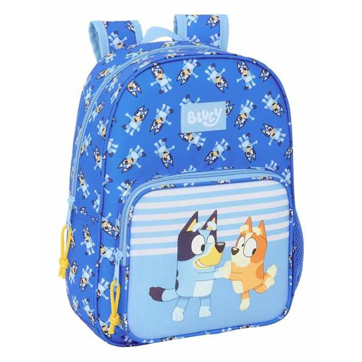 Blauer Rucksack mit Bluey-Design. Mit Bluey- und Bingo-Charakteren. Weiße und blaue Streifen auf der Vorderseite.