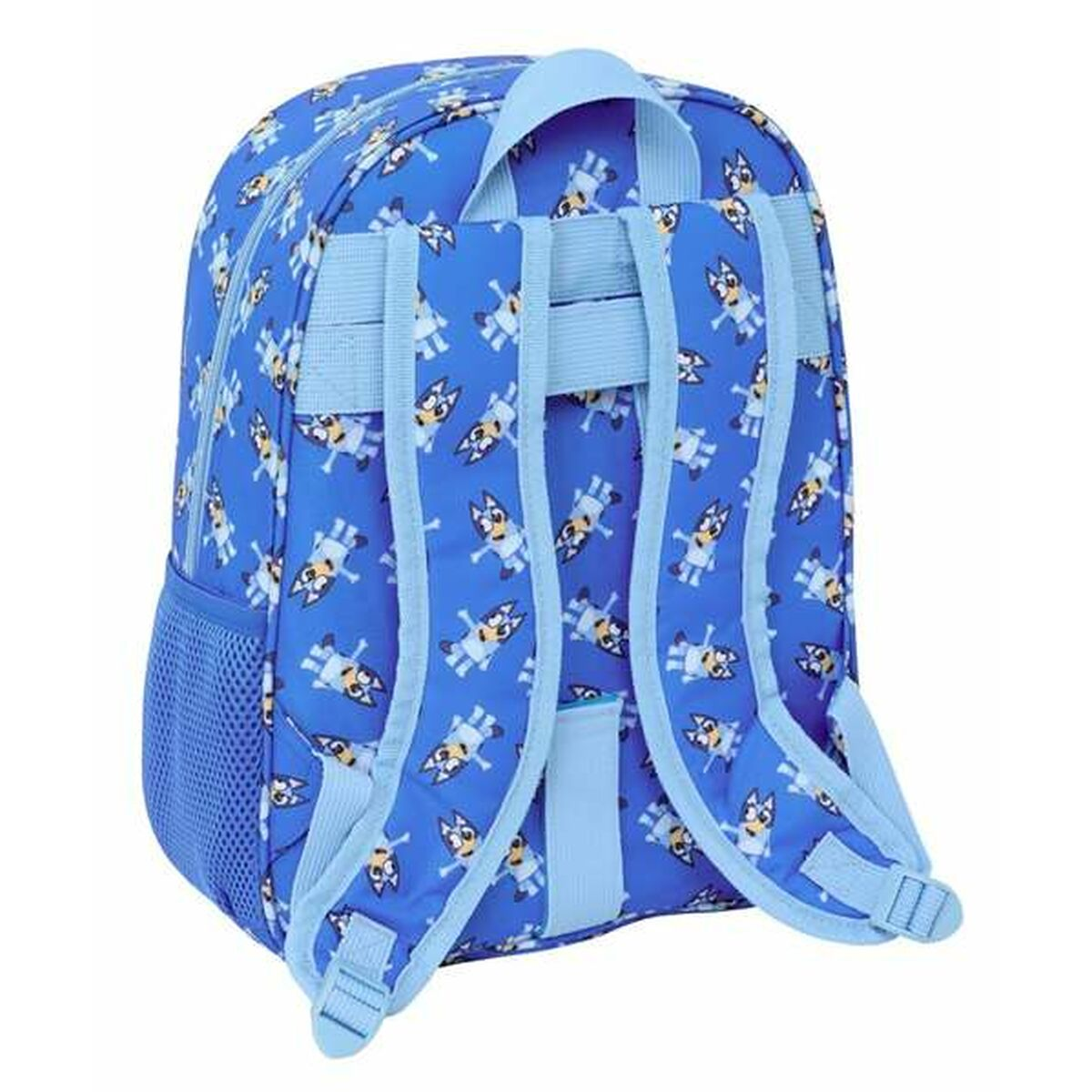 Blauer Rucksack mit Hunde-Muster, hellblaue Träger und Seitentasche.