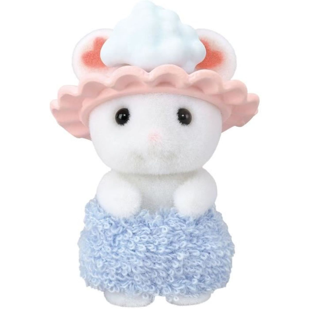 Un ratón de juguete blanco con sombrero rosa y traje azul. Tiene una textura esponjosa y un gorro azul claro esponjoso.