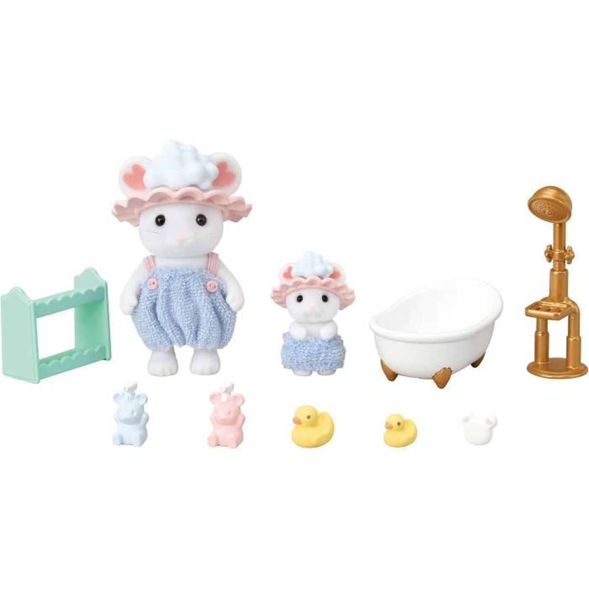 Una colección de figuras de ratón de juguete, una bañera y accesorios de baño. La escena está en un baño.