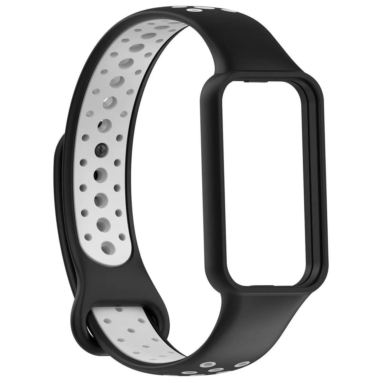 Schwarz-weißes Smartwatch-Armband mit perforiertem Design und Verschluss.