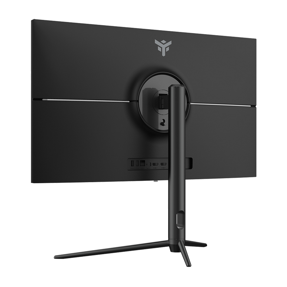 Rückseite eines schwarzen Computermonitors mit Ständer. Der Monitor hat Anschlüsse und ein Logo oben.