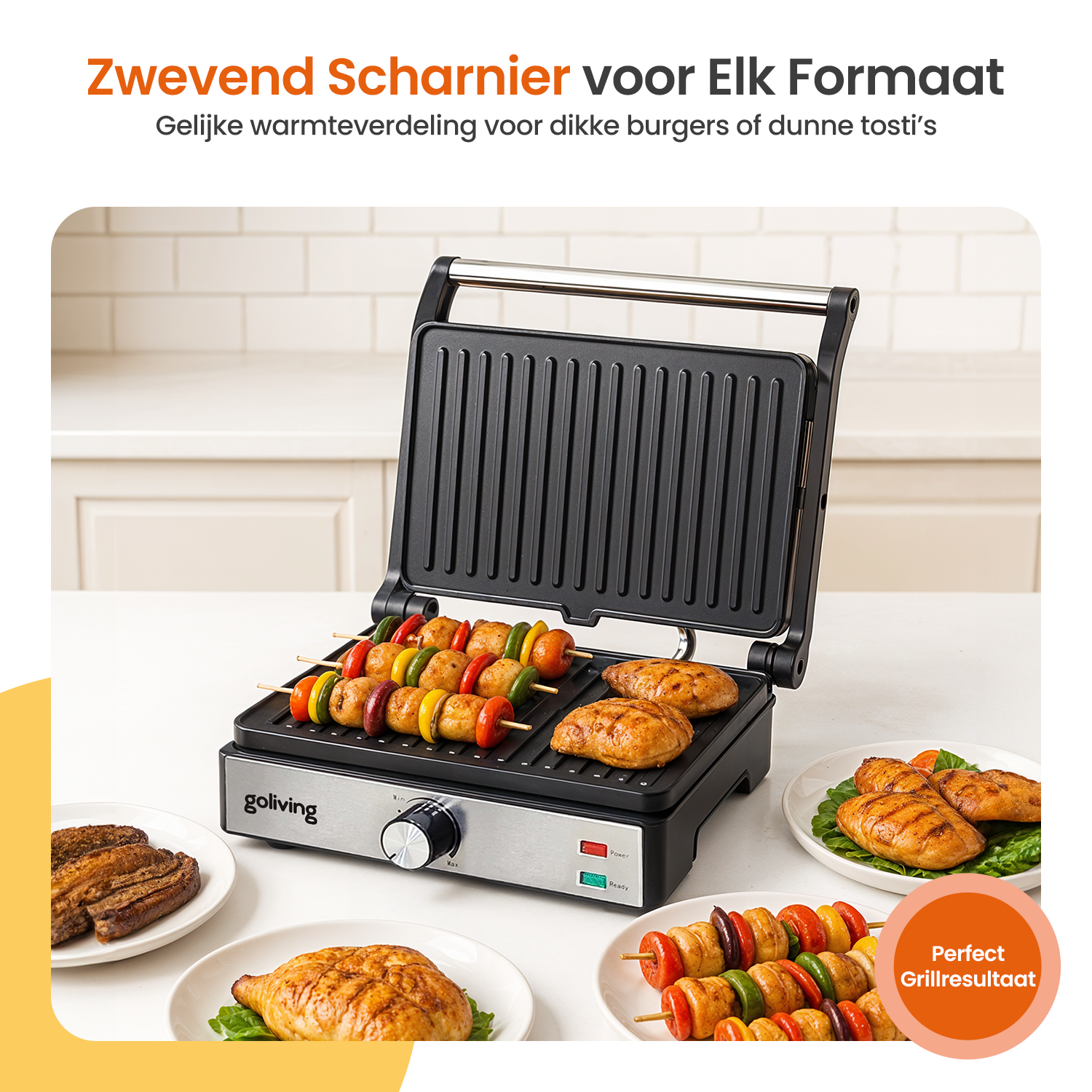 Ein Grill mit Essen, das darauf zubereitet wird. Spieße und Burger liegen auf dem Grill. Anderes gekochtes Essen befindet sich auf Tellern.