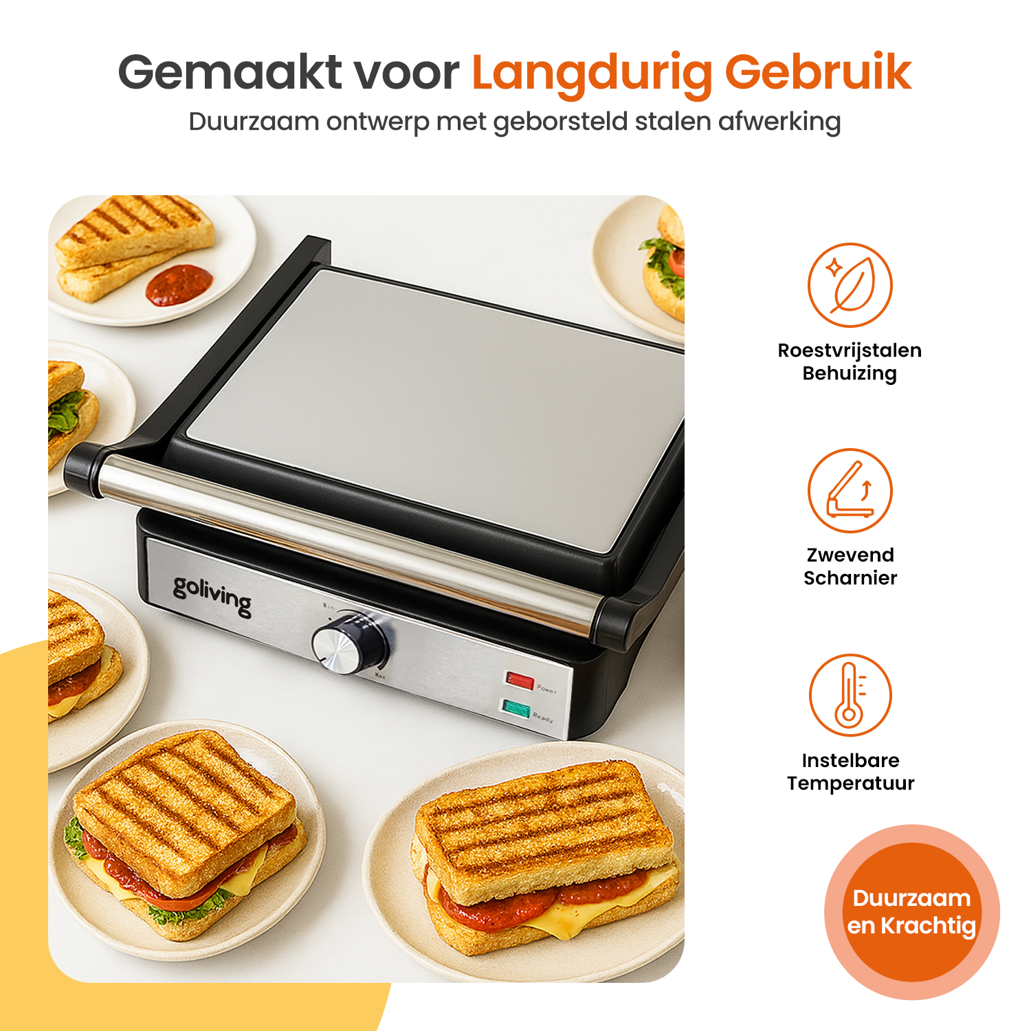 Ein Sandwichmaker mit Sandwiches auf Tellern um ihn herum. Der Text lautet: "Gemaakt voor Langdurig Gebruik".