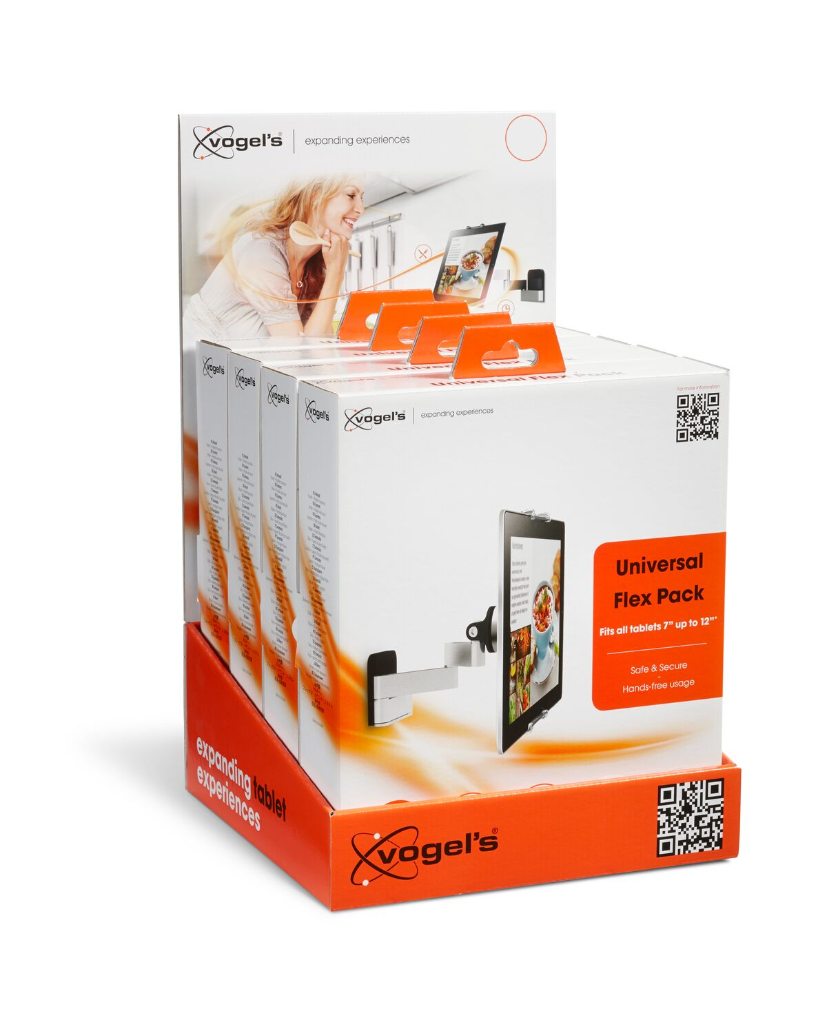 Pudełko wystawowe ze stojakiem na tablet, pokazujące tablet z boku.