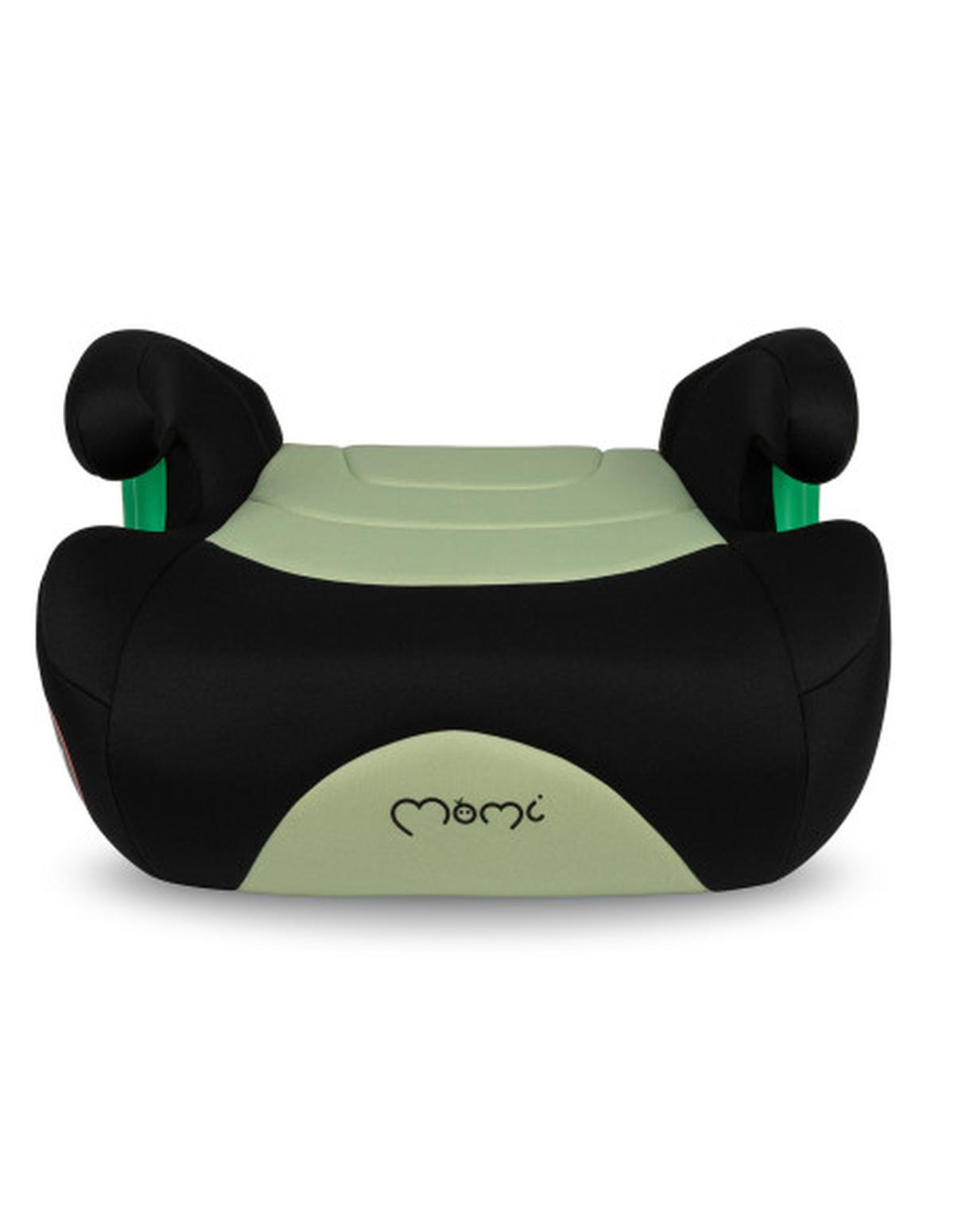 Asiento de coche verde y negro. Tiene un reposacabezas verde y laterales negros. El logotipo de MoMi es visible.