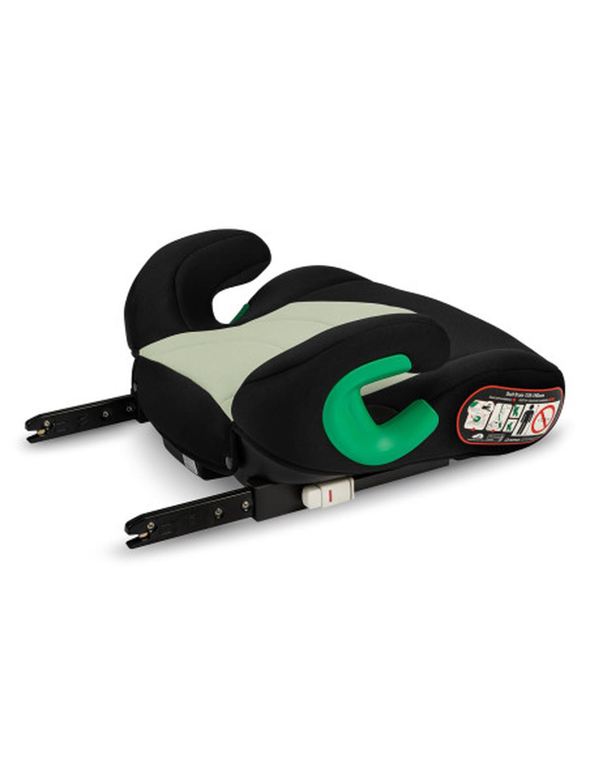 Asiento infantil negro y verde sobre fondo blanco. Tiene reposacabezas y laterales y está diseñado para la seguridad.