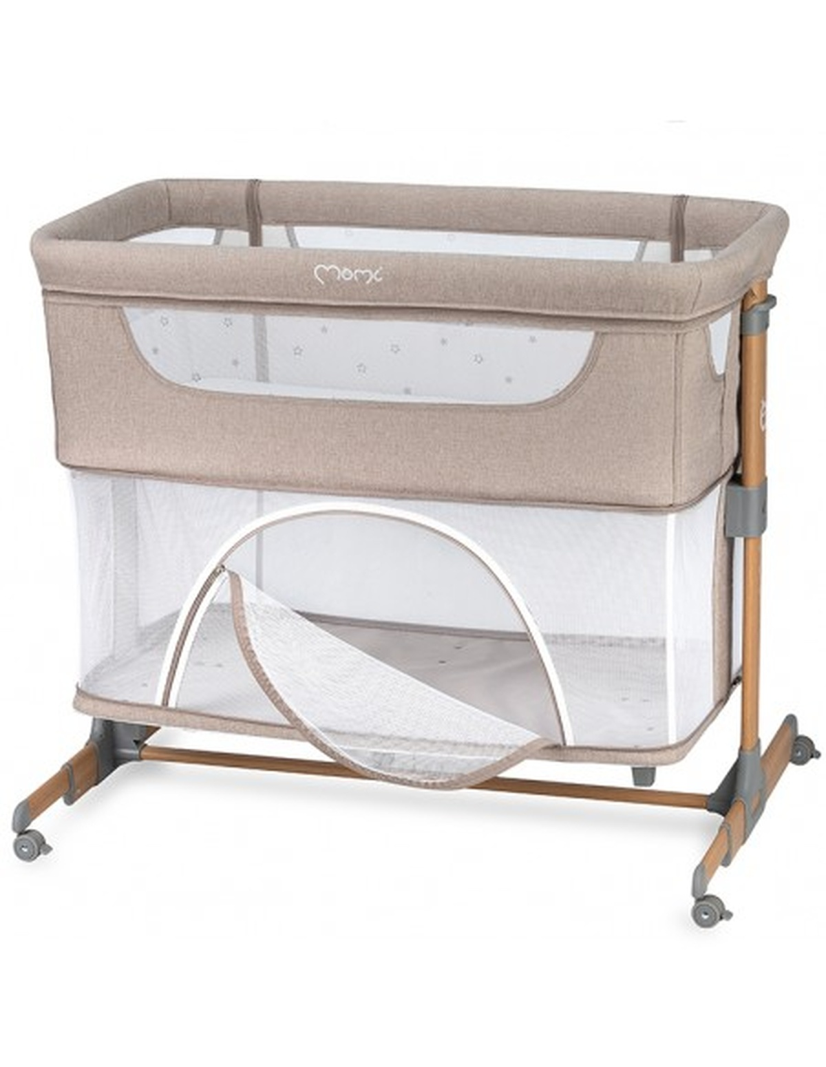 Beiges Babybett. Netzseiten, Holzrahmen und weißes Innere mit Sternenmuster.