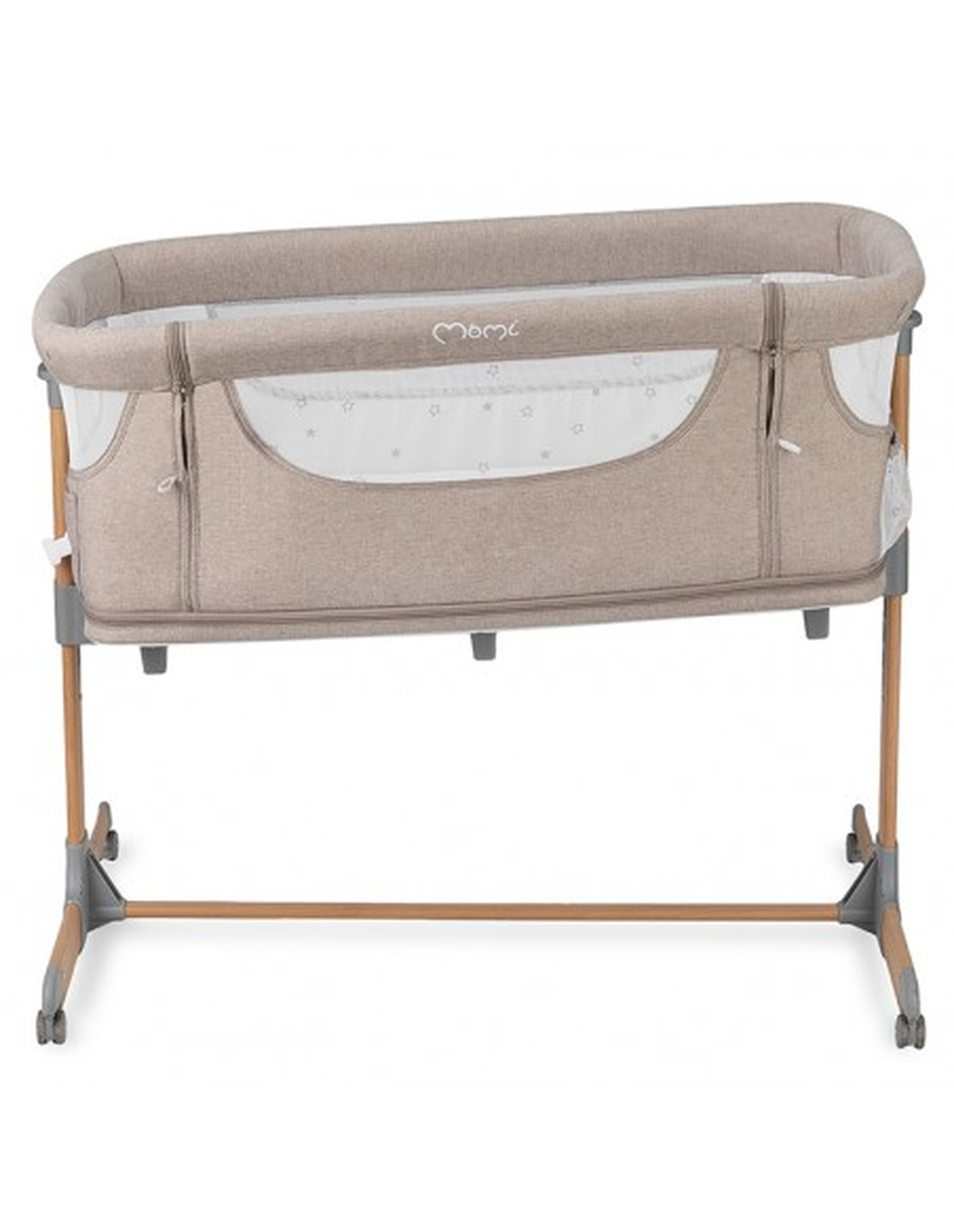 Beiges Babybett mit Netzseiten und Holzrahmen. Es hat ein weißes Innere mit Sternenmuster.