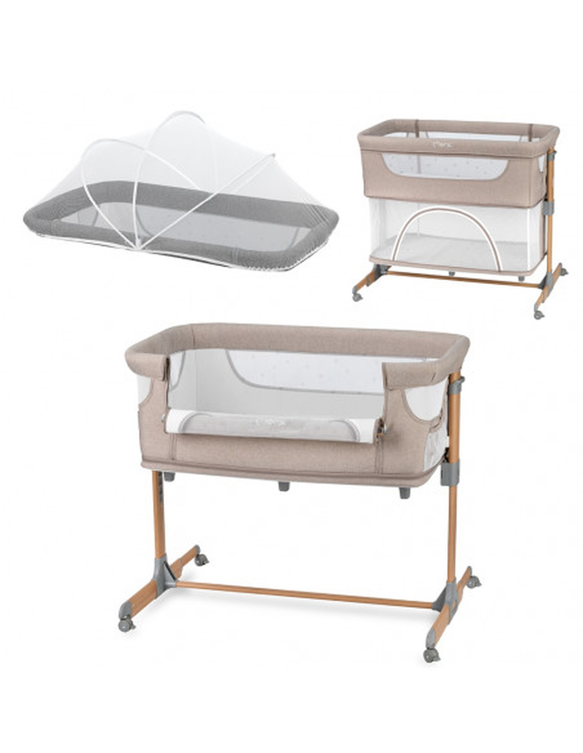 Drei beigefarbene Babybetten mit Netzseiten und Holzrahmen. Eins mit Moskitonetz.
