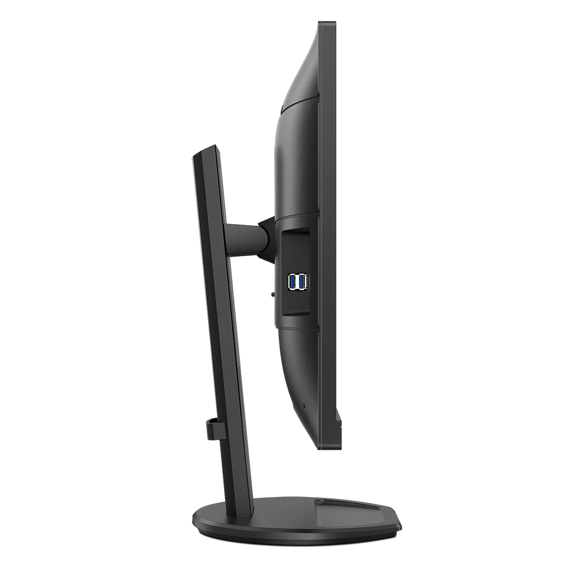 Side view of a black computer monitor. It has a stand and several ports on the side.