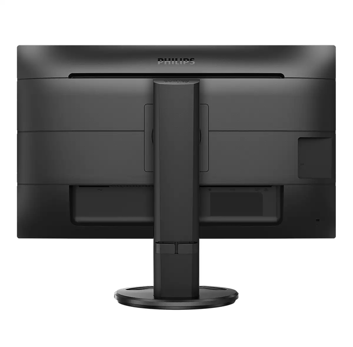 Back of a black computer monitor. The monitor has a stand and several ports. Brand name is visible on top.