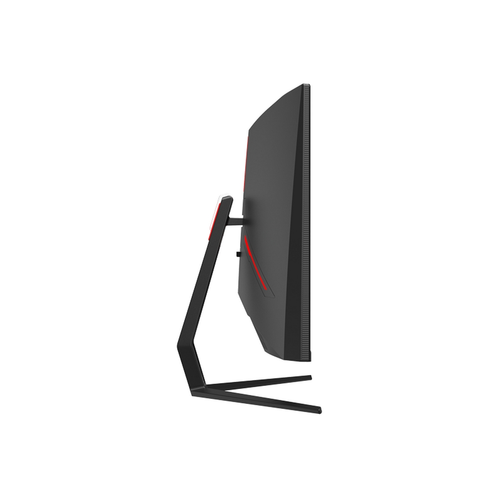 Widok z boku zakrzywionego czarnego monitora z czerwonymi akcentami na białym tle.