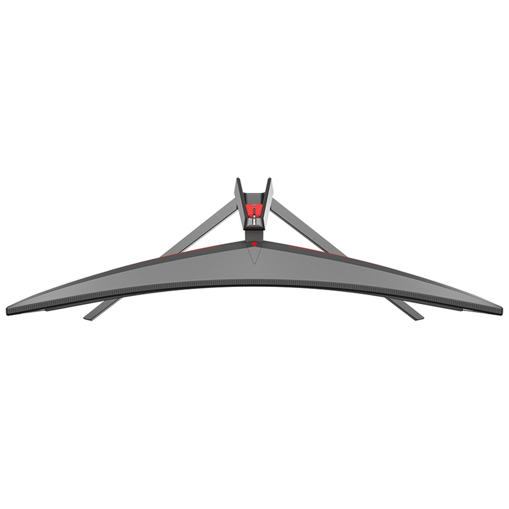 Zbliżenie na spód zakrzywionego monitora, ukazujące jego strukturę podstawki i minimalistyczny design na białym tle.