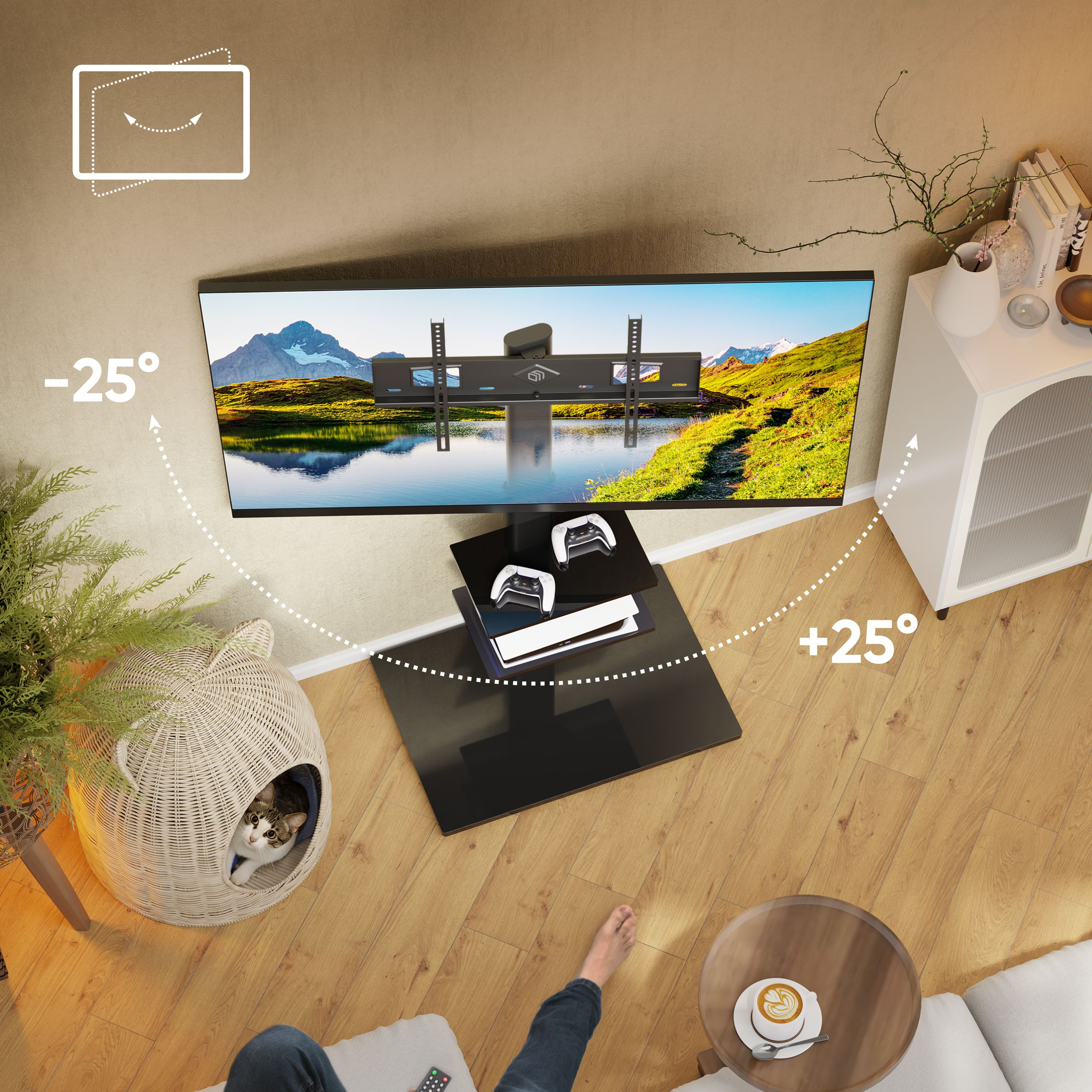 Un televisore su un supporto nero. La TV può ruotare di +25 e -25 gradi. Un gatto è in una cuccia.