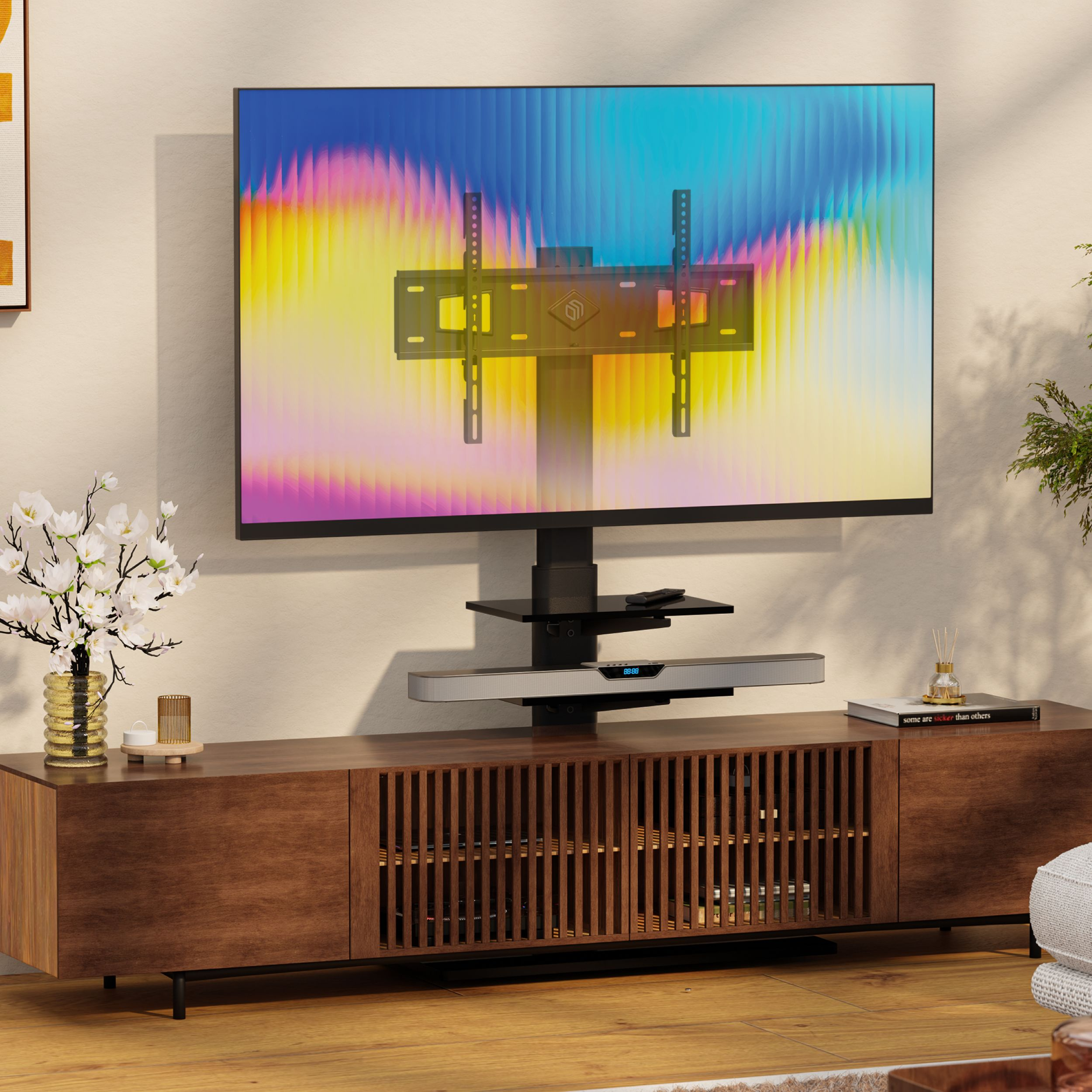 Un televisore è montato su un supporto nero con ripiani. Lo schermo mostra un design astratto colorato.