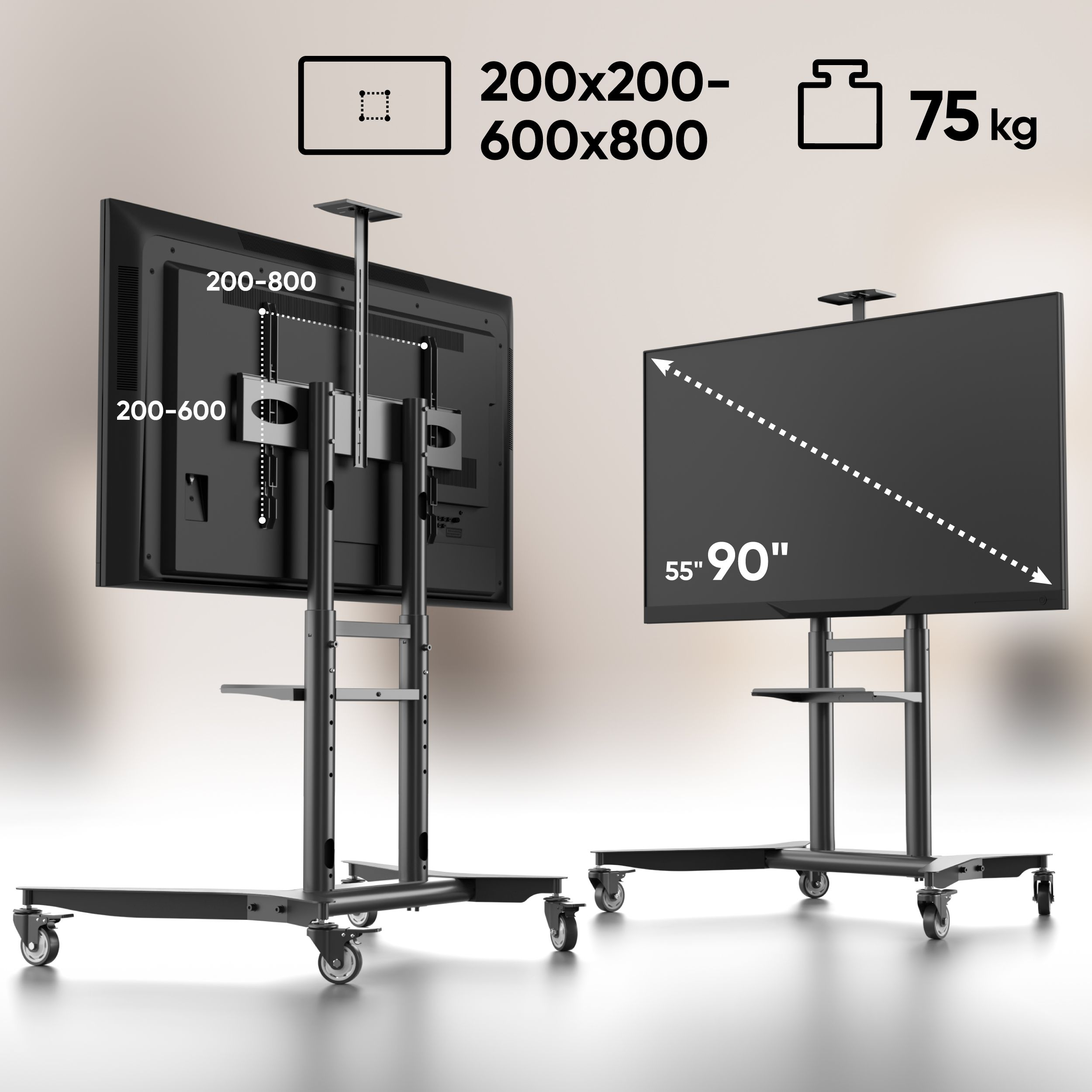 Dwa czarne stojaki pod telewizor z telewizorami pokazującymi różne widoki. Wyświetlane są wymiary i udźwig.