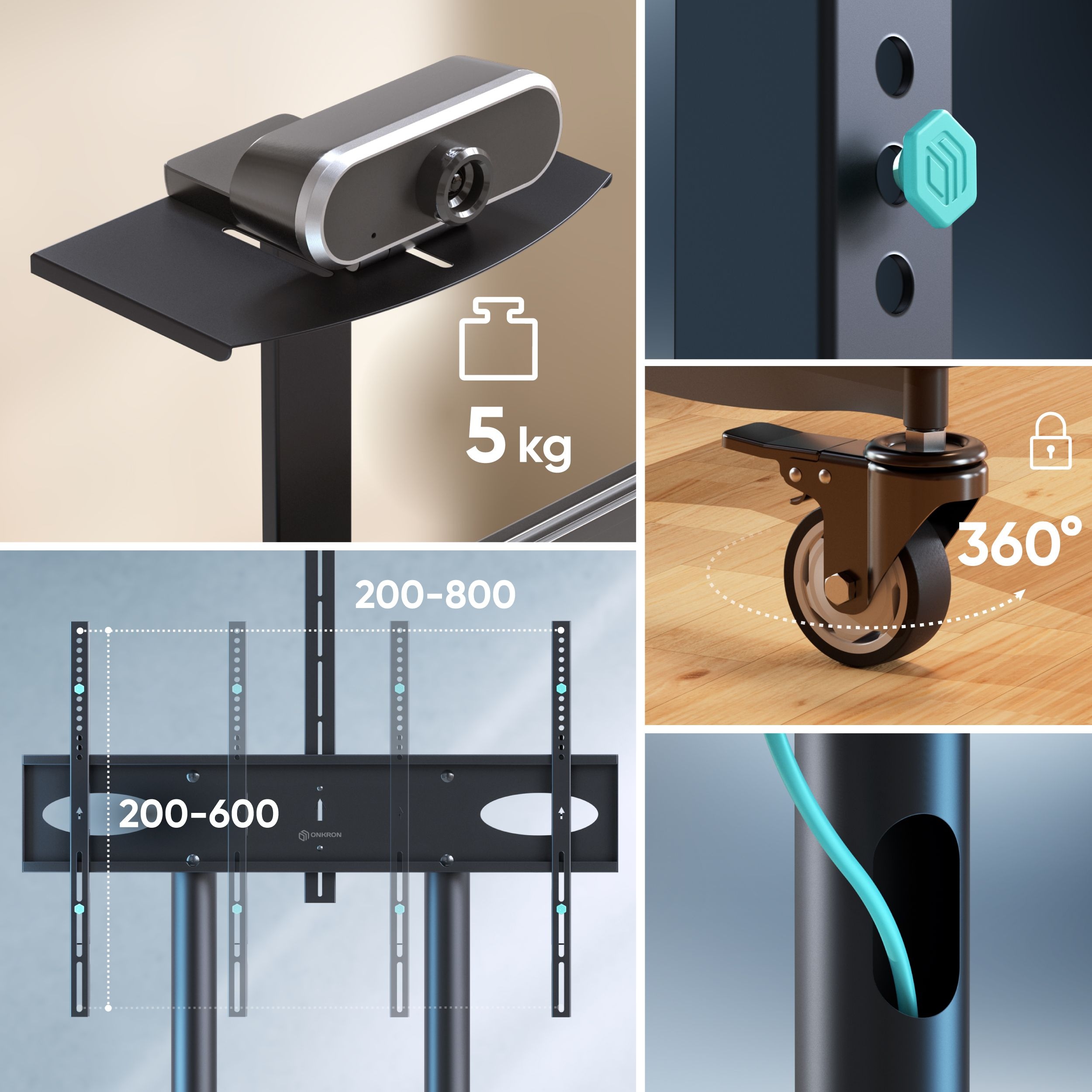 Czarny stojak z kamerą, kołem i zamkiem. Może utrzymać do 5 kg. Stojak jest regulowany.