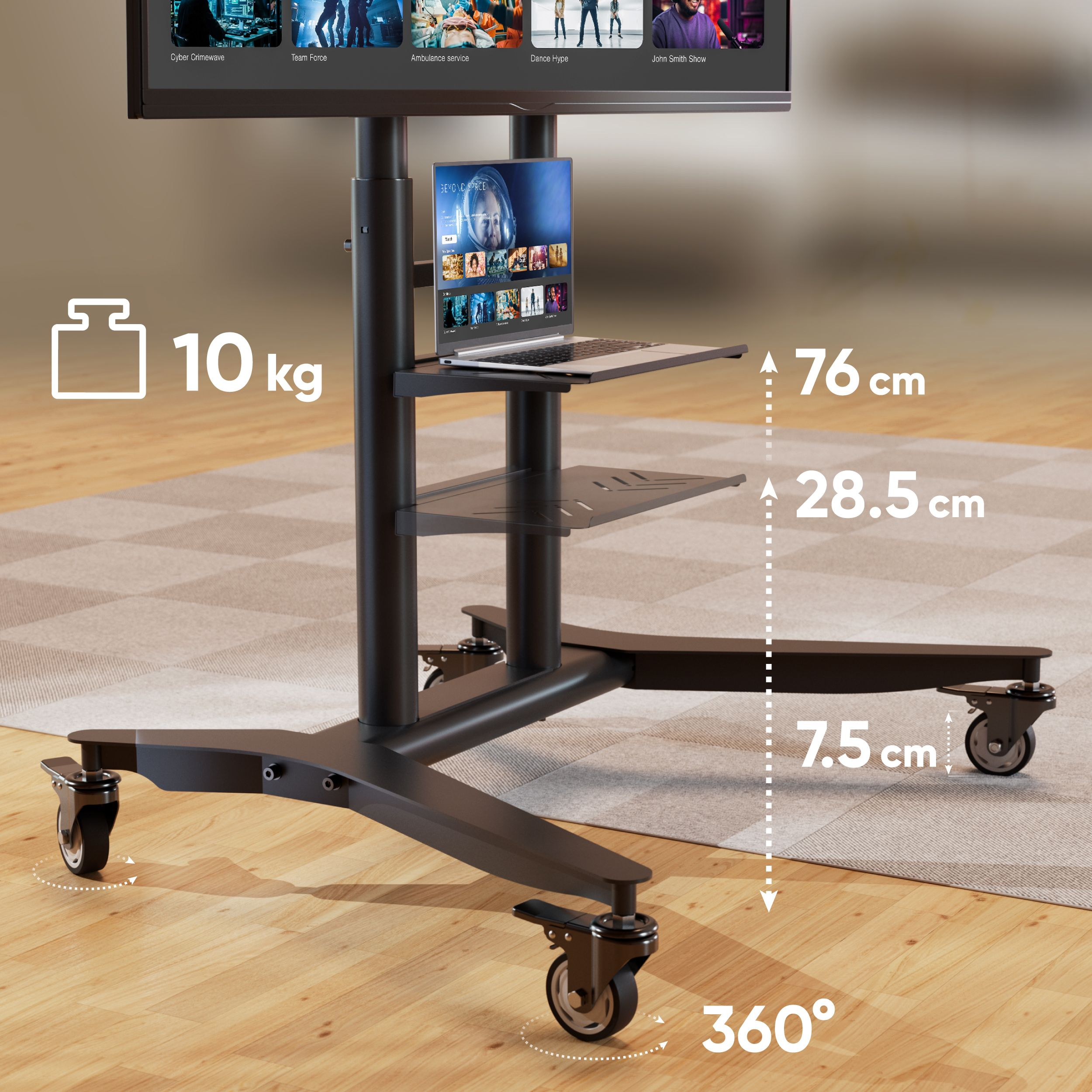 Czarny stojak pod telewizor z laptopem i telewizorem wyświetlającym tytuły filmów. Wskazano wymiary i obrót 360°.