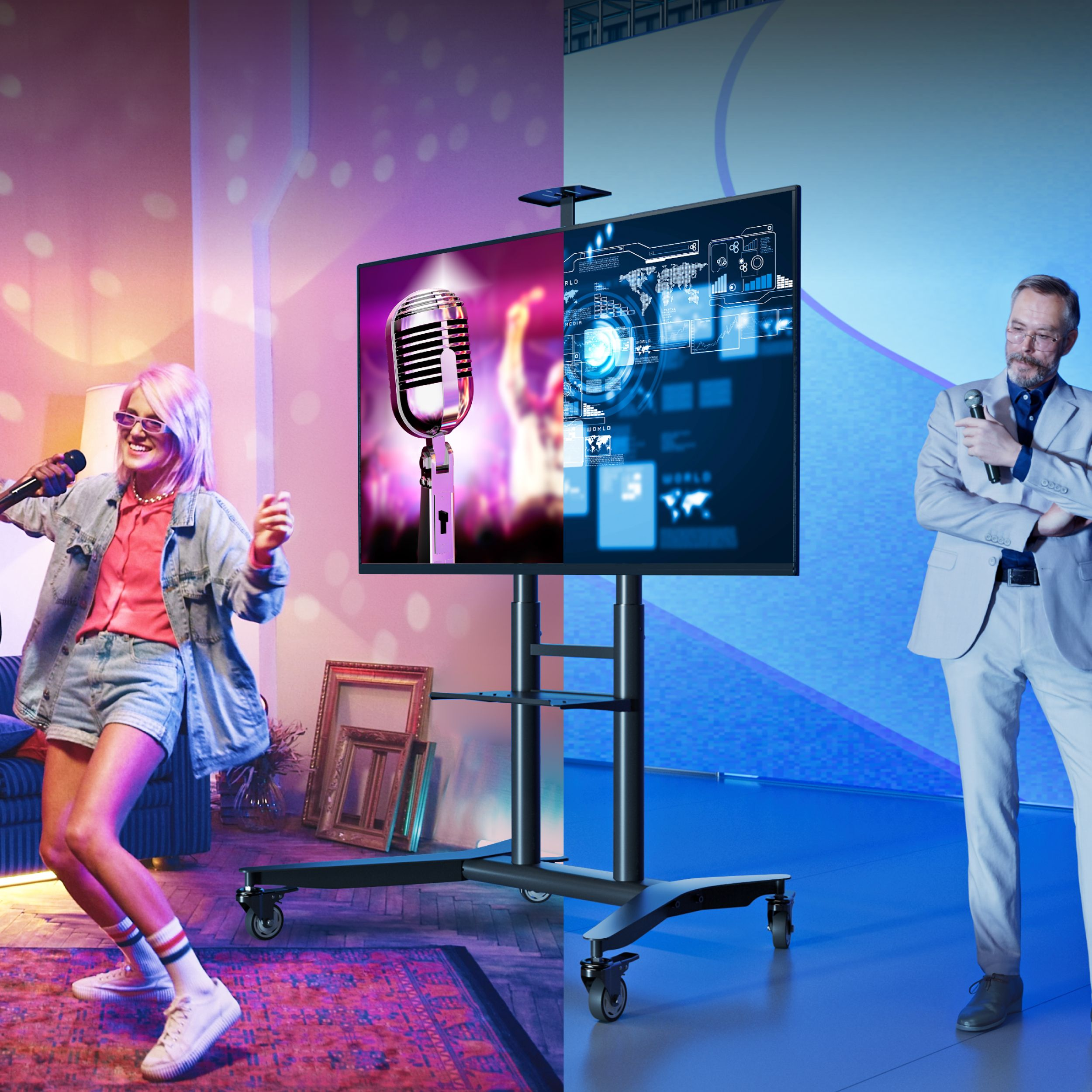Podzielony ekran pokazuje kobietę śpiewającą karaoke i mężczyznę z mikrofonem. Obie strony mają telewizory.