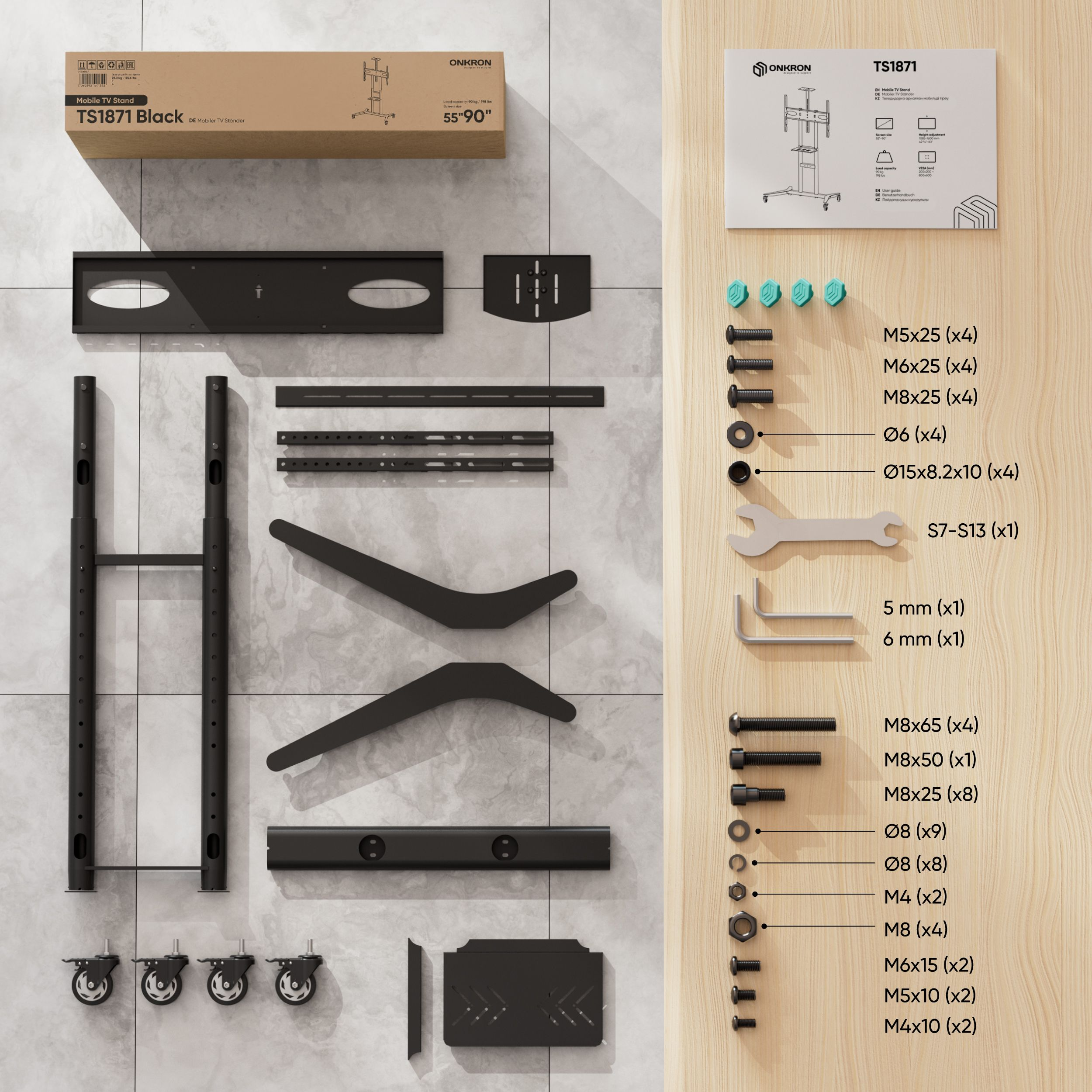 Widok z góry na części stojaka pod telewizor i śruby. Są też instrukcje i narzędzia do montażu.