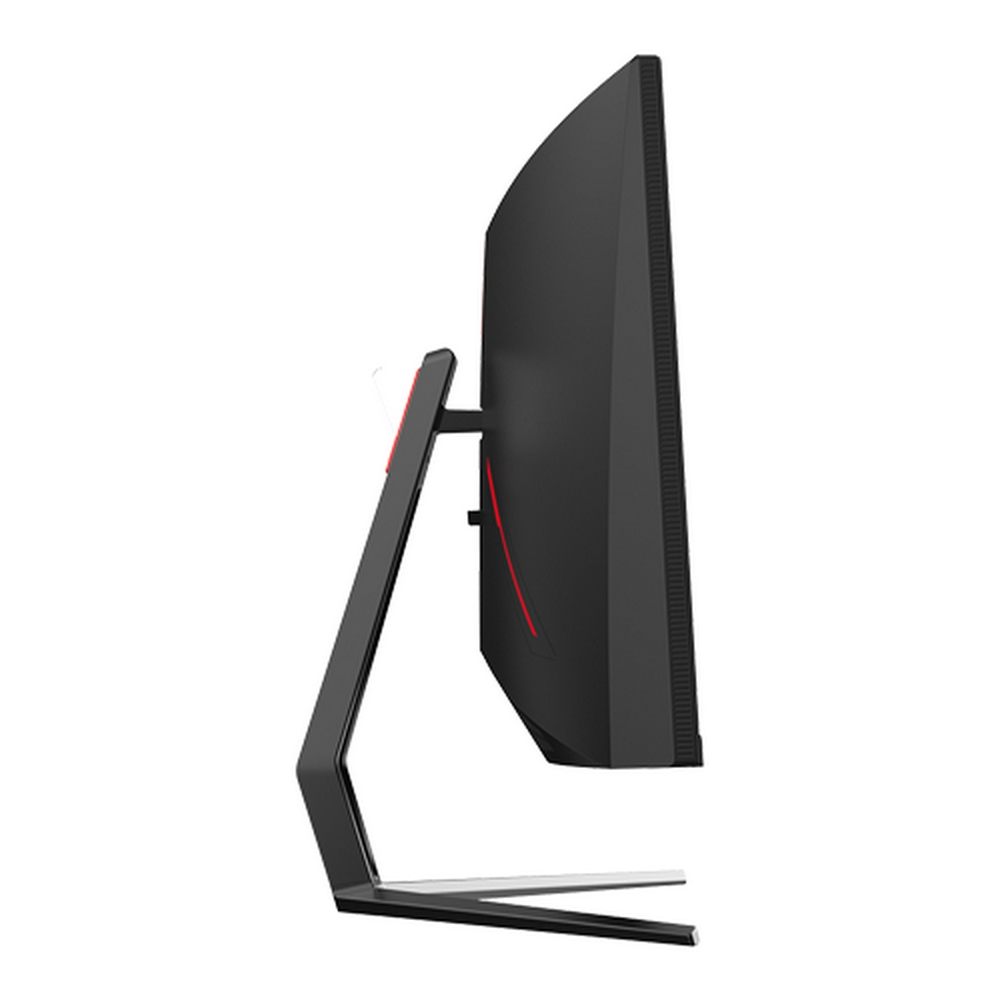 Czarny zakrzywiony monitor komputera, widok z góry, zakrzywiona podstawa i czerwone akcenty.