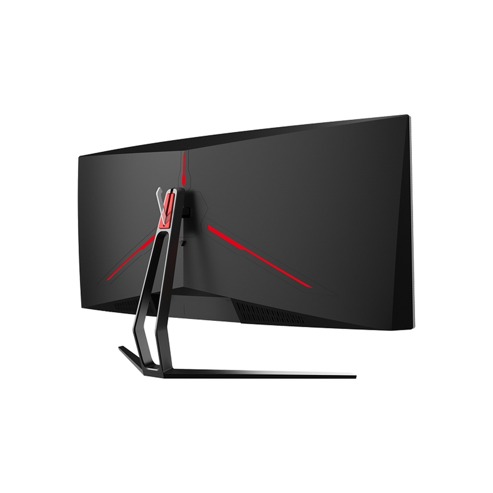 Widok z tyłu czarnego monitora z czerwonymi akcentami i podstawą.