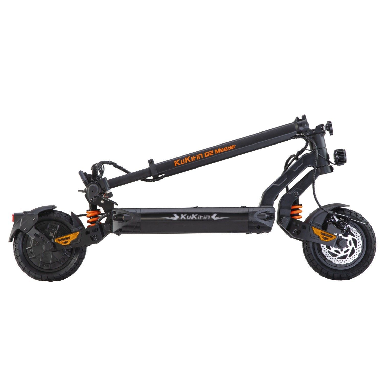 Ein schwarzer KuKirin G2 Master-Roller ist nach links geneigt und zeigt seinen Rahmen und orangefarbene Akzente vor einem weißen Hintergrund.