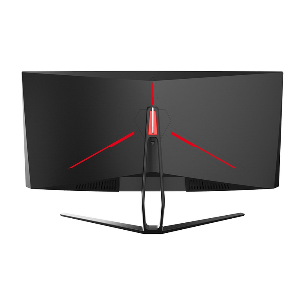 Tył czarnego monitora z czerwonymi elementami.